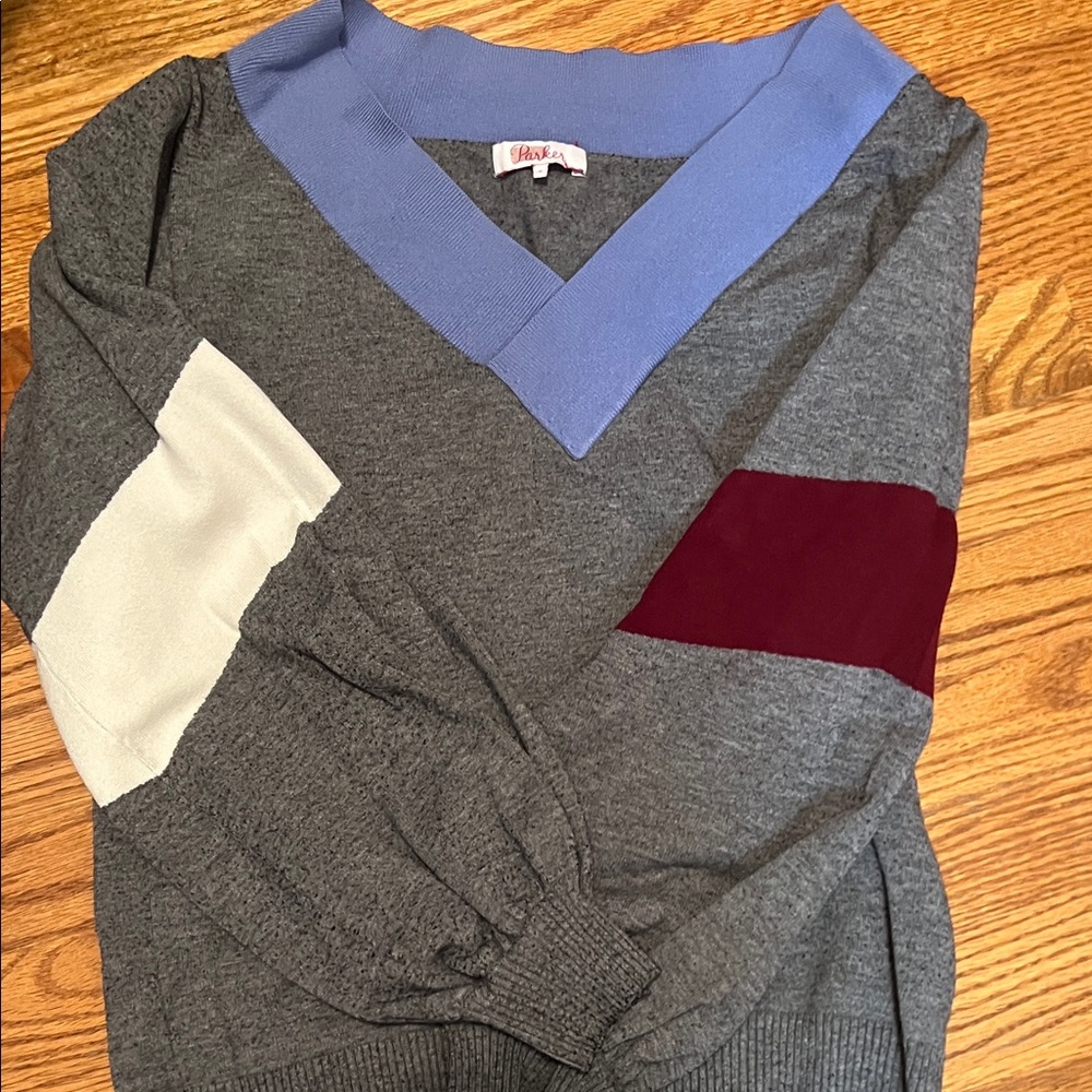 Parker Blue and Gray V-Neck Sweater balloon sleeves brand new
